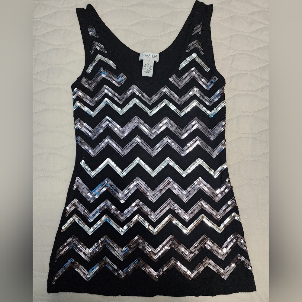 Carmen Marc Valvo Black and Silver Sequin Tank Top